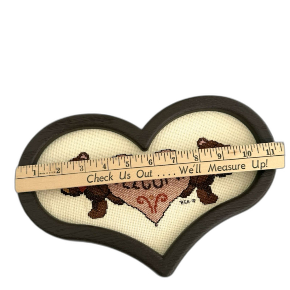 Cross Stitch Welcome Teddy Bear Heart Framed Wall Art Cottagecore Grannycore - Picture 3 of 4